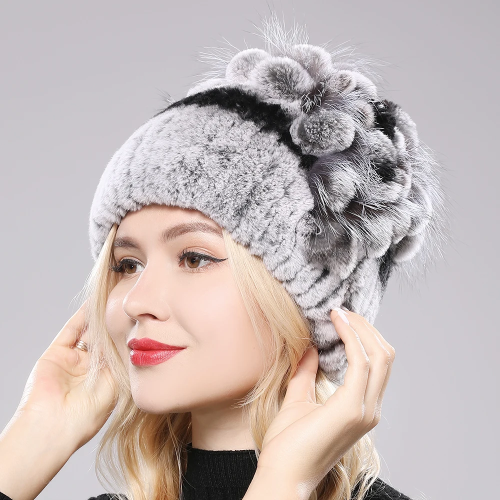 2024 Brand Women Genuine Rex Rabbit Fur Hats Winter Rex Rabbit Fur Beanies Striped Top Flower Fox Fur Warm Real Fur Knit Caps