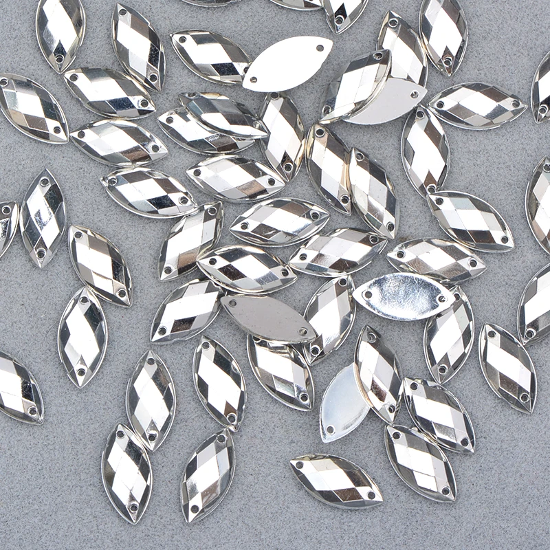 JUNAO 500pcs 7x15mm Silver Horse Eye Rhinestones Applique Flatback Acrylic Crystals Sewing Glitter Stones For DIY Dress Shoes