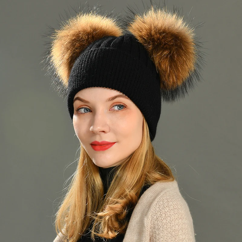 Jxwatcher Women Winter Fashion Fur Pompom Hat for Girls Crochet Beanie Hats for Adults Knitted Wool Double Two Pompom Fur Hat