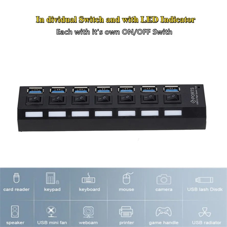 USB 3.0 Hub USB Hub 3.0 Multi USB Splitter 3 Hab Use Power Adapter 7 Port Multiple Expander USB3 Hub with Switch for PC