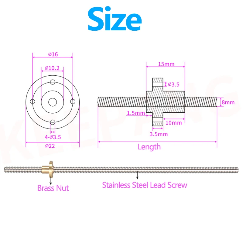 304 Stainless Steel Threaded Rod Lead Screw with T8 Brass Nut for 3D Printer Machine Z Axis Linear Guides Stepper Motor