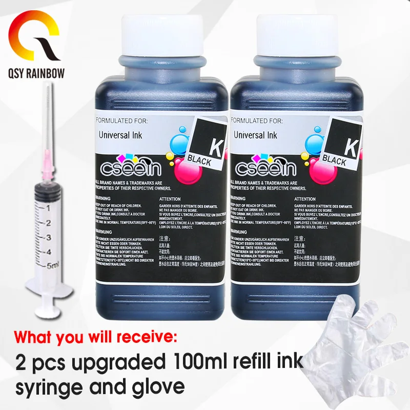 QSYRAINBOW DYE 100ml di PULIZIA di INCHIOSTRO ricarica di inchiostro compatibile per hp 302 301 21 22 652 603 per canon tutti i modelli