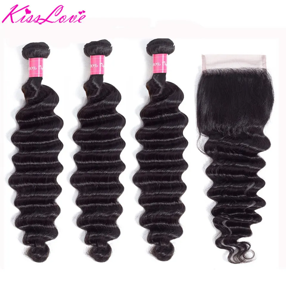 

Brazilian Loose Deep Wave Bundles with Closure Human Hair Weave 3/4 Bundles with Closure Middle Ratio Remy Hair Kiss Love