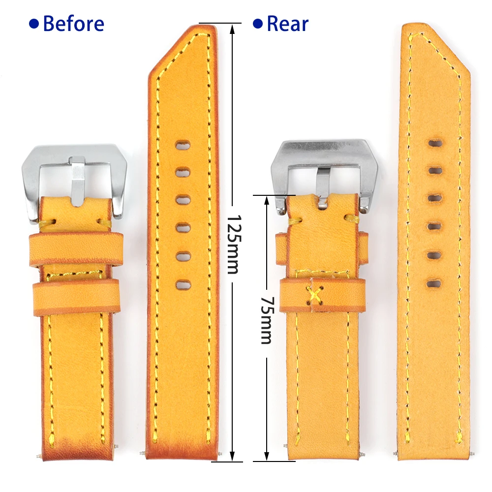 Genuine Leather Watchstrap Yellow Handmade Watchband 20mm 22mm 24mm 26mm Watch Straps for Panerai Men Replacement Bracelet