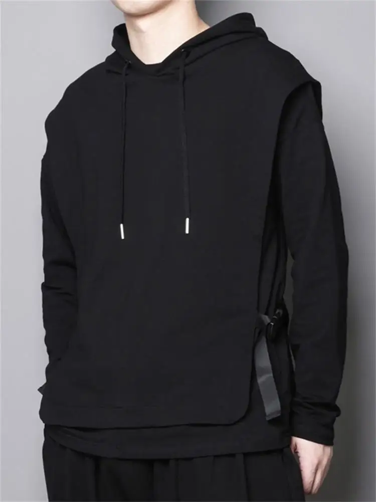 

Autumn dark personality solid color ribbon buckle decoration stitching hooded loose thin men's trend