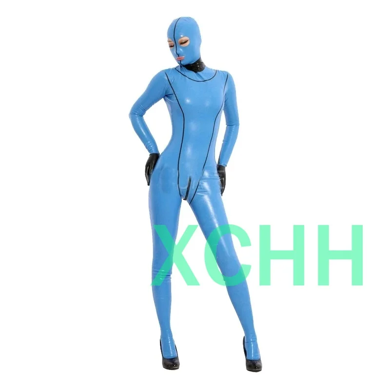 

Sexy Natural Latex Woman Full Body Catsuit Women Jumpsuits with hood&gloves socks back zippers