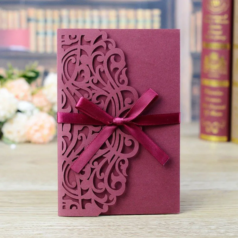 1pcs Laser Cut Wedding Invitations Card Tri-Fold Elegant Lace Business Flowers Greeting Cards & Ribbon Wedding Party Decoration