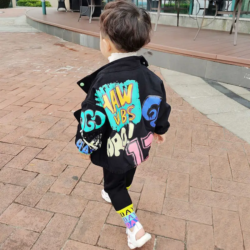 Spring Autumn Children Boys Jackets  Kids Boy 2023 New Fashion Denim Outerwear Letter Print Baseball Uniform Jacket Clothes