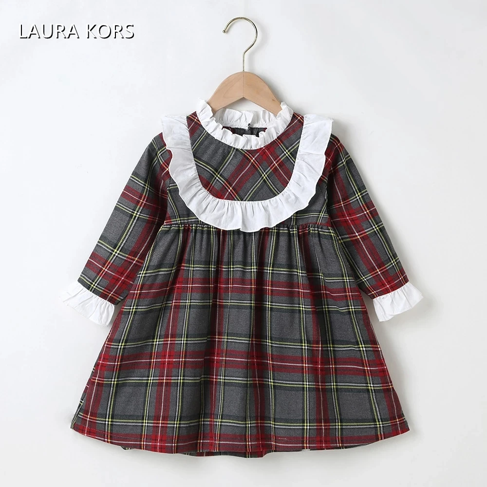 2023 New Arrivals Long Sleeve Peter Pan Collar White Lace Red Green Plaid Cute Girls Birthday Party Dress Vestidos 18M-6T