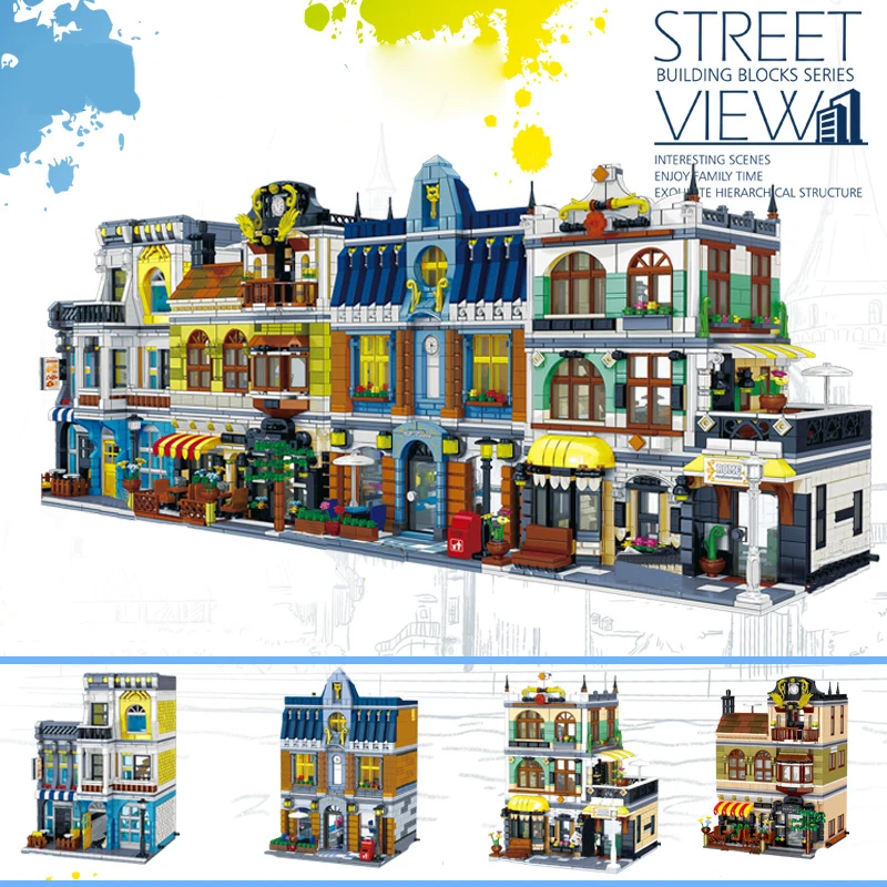 

City Buildings Coffee Shop House Hotel Architecture Restaurant Store Building Blocks City Street View Bricks Toys For Children