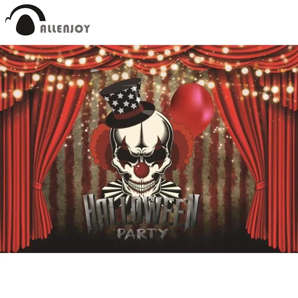 Allenjoy Halloween Decor Party Background Circus Clown Skull Red Curtain Lights Banner Gold Dots Balloon Photobooth Backdrop