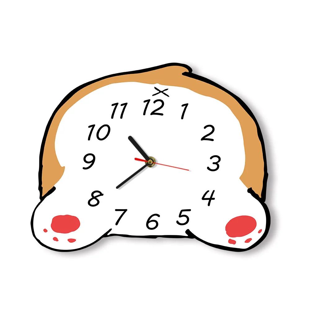 Irregular Cute Design Shaped Corgi Butt Quartz Wall Clock Quiet Sweep Acrylic Watch Frameless Printed Bedroom Decor Timepieces