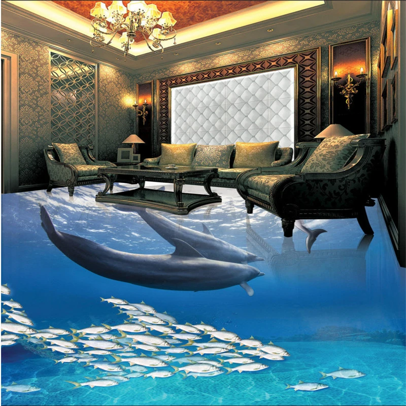 

wellyu Custom large-scale mural 3D bathroom floor dolphin underwater world living room bedroom mulch decorative painting