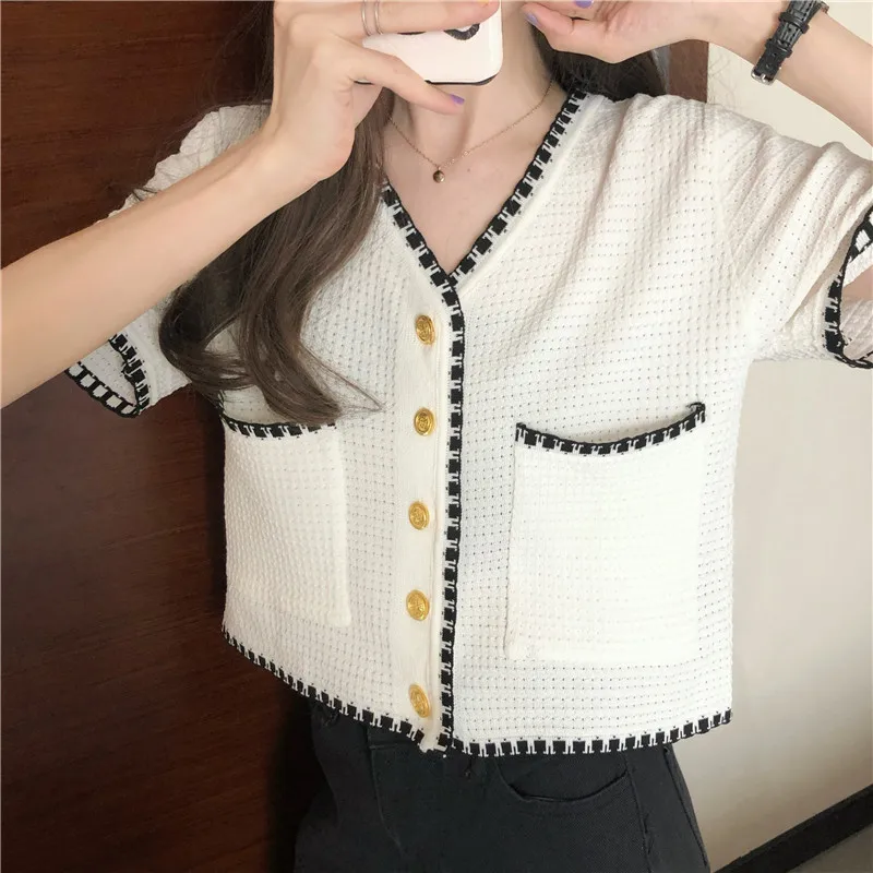 Shirts Women V-neck Knitwear Crop Tunic Short Sleeve Summer Korean Style Panelled New Arrival Open Front All-match Leisure Daily