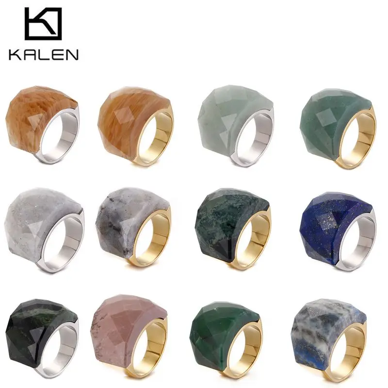 

KALEN Bohemian Colorful Natural Stone Rings Women Stainless Steel Indian Gold Color Finger Bague Female Jewelry Size 6-9