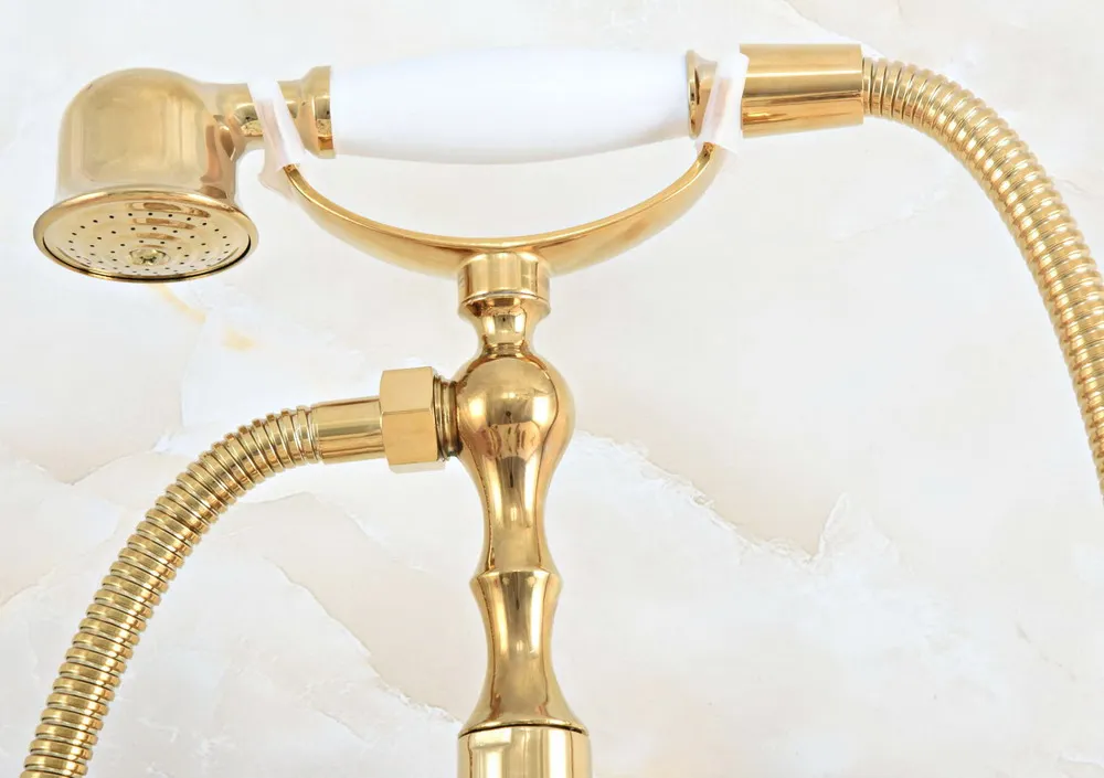 الفاخرة مصقول الذهب اللون النحاس الحمام الحائط قدم مخلبية حوض صنبور الصنابير مجموعة مع باليد دش رئيس رذاذ mna822 #5