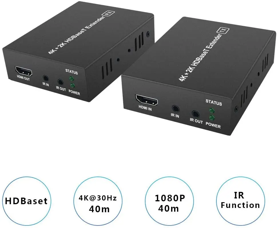 1ペアhdbasethdmiエクステンダー4k @ 30hz (40m) 1080p @ 60hz (70m) over cat5e/6/7は、yuv 4:4:4および双方向ir制御をサポートします