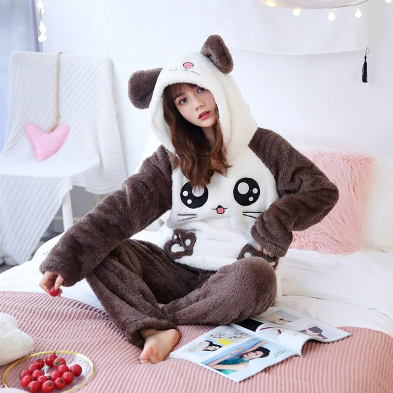 Sanderala Women Flannel Pajamas Sets Round Neck Winter Soft Lingerie Cute Long Sleeve Top & Pants Homewear Warm Hooded Sleepwear