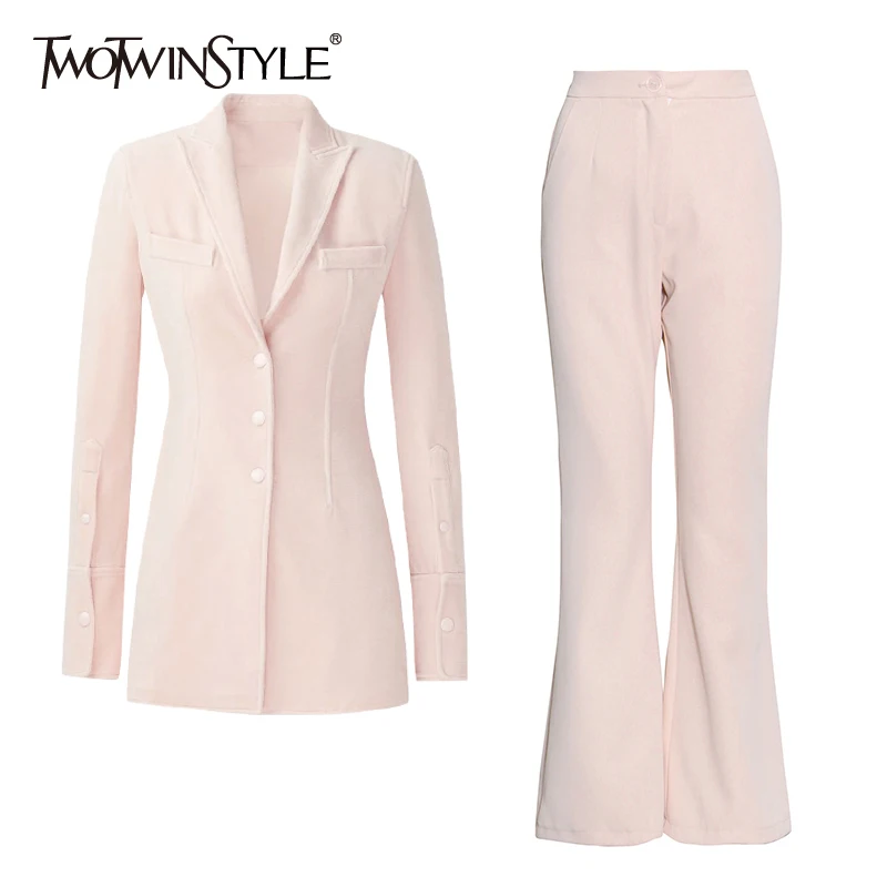 

TWOTWINSTYLE Pink Suit For Women Button V Neck Long Sleeve Blazer High Waist Flare Pants Casual Sets Female 2022 Spring Clothing