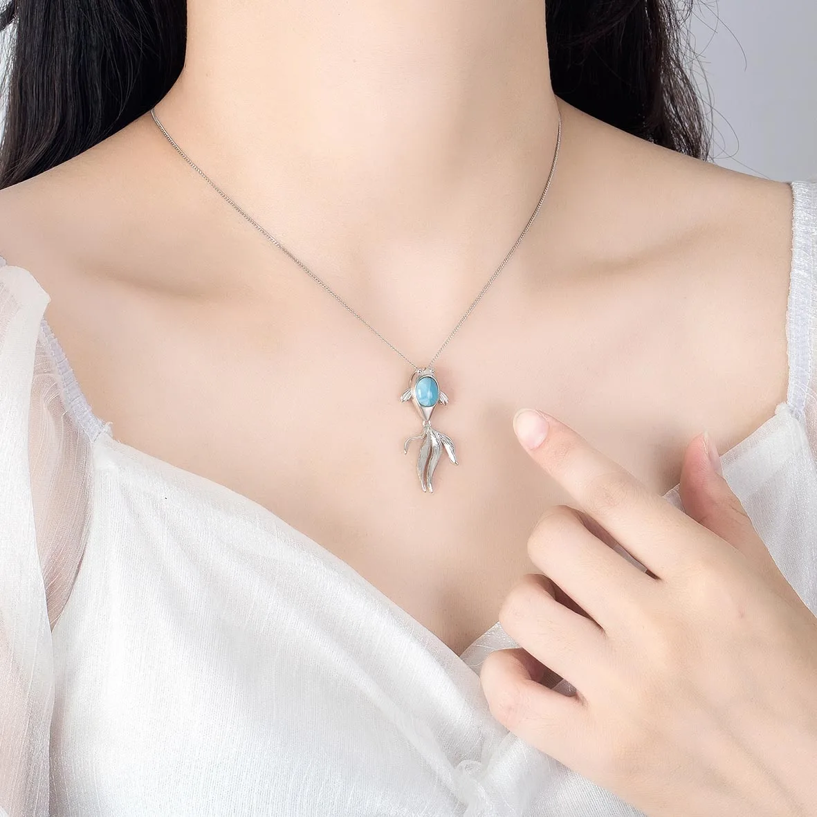 Hot Selling 925 Sterling Silver Natural Dominica Larimar Goldfish Pendant Necklace For Women Gift