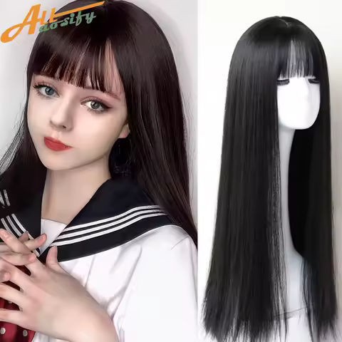 Allaosify Straight Lolita Cosplay Wig With Bangs Black Golden Pink Mutiple Colour Long Anime Cosplay Synthetic Hair Women's Wigs
