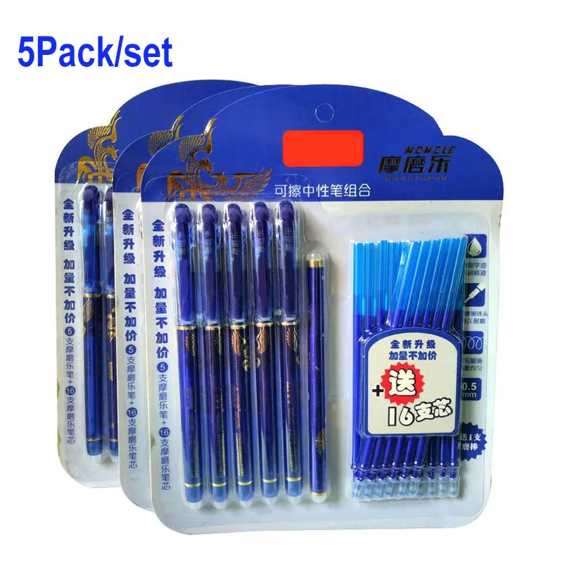 DELVTCH 5Pack Set Erasable Gel Pen Refill Suit 0.5mm Needle Tip Blue Ink Washable Handle Rods Office School Writing Stationery