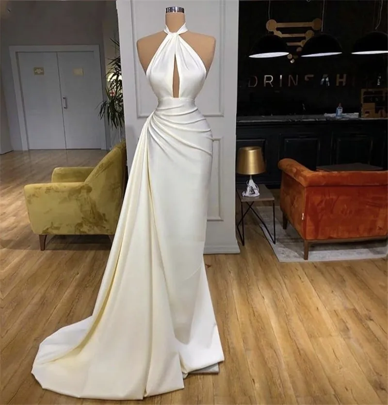 

Ivory Kaftan Long Arabic Dubai Evening Dress Halter Satin Mermaid Prom Formal Gown Robe De Soiree 2025 Vestidos فساتين السهرة