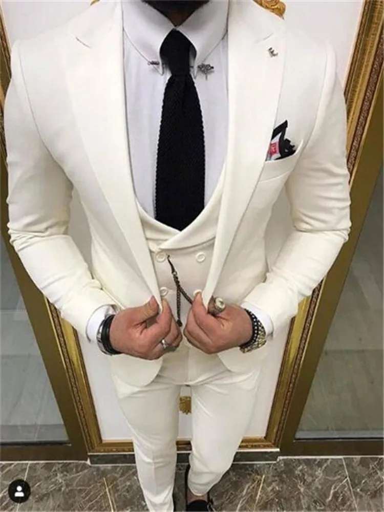 

2023 New Arrival Men Suits Ivory Groom Tuxedos Peak Lapel Groomsmen Wedding Bridegroom 3 Pieces ( Jacket+Pants+Vest+Tie )