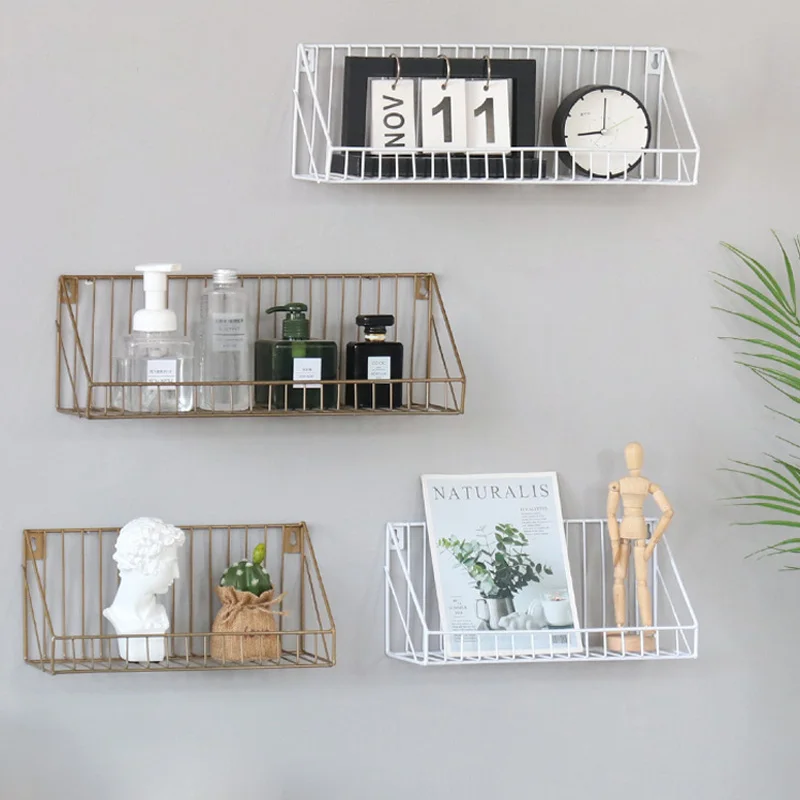 Wall Storage Shelf Sundries Bathroom Organizer Iron Storage Rack Decorative Shelve For Bedroom Home Storage Basket Organization