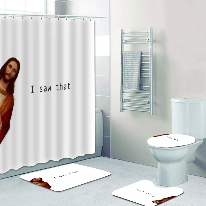 Funny Jesus Peeking Shower Curtain Set Joke Peek Jesus I Saw That Bathroom Curtain Bath Mat Rugs Carpet Set Bathtub Home Decor