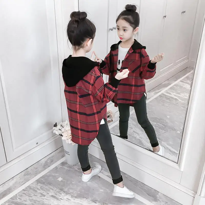 Spring Autumn Thick Girls Jackets plaid Kids Outerwear Letter Hoodied Coats Children Clothing Teenager Trench Coat 6 8 10 12y