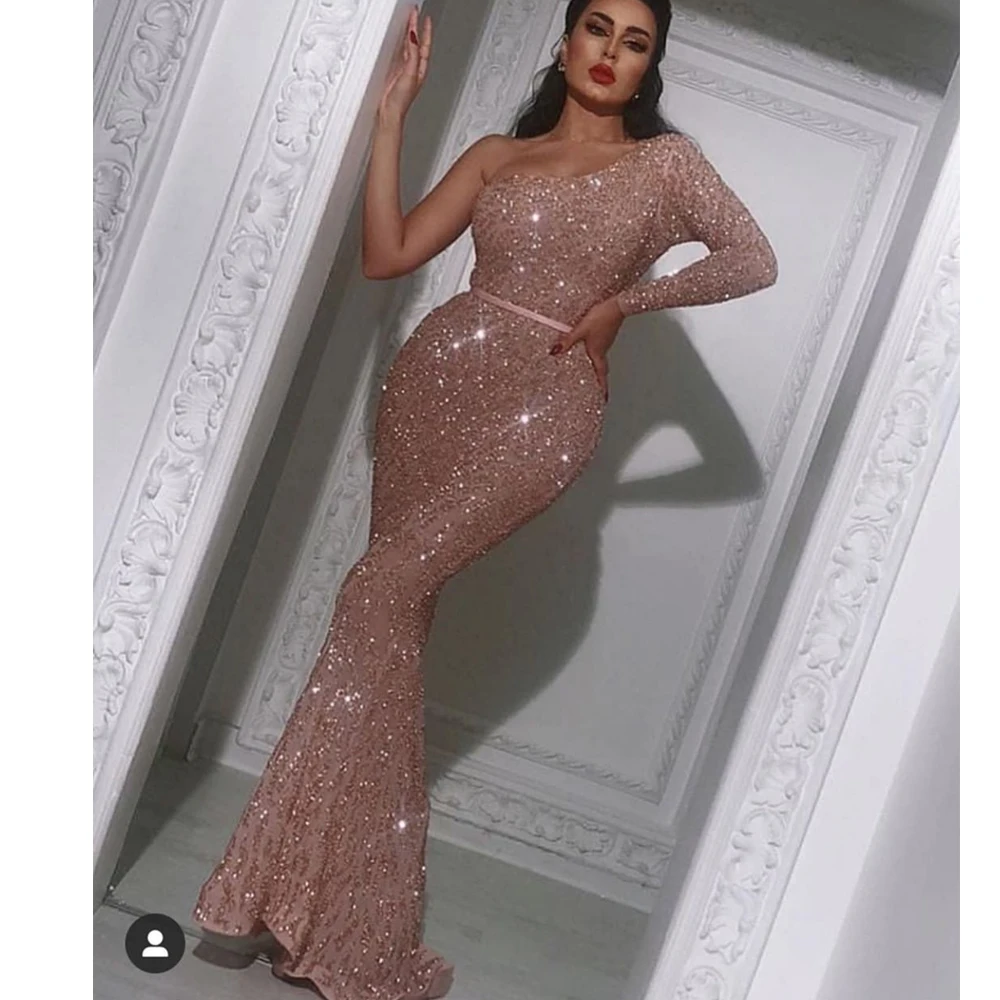 sparkly prom dresses 2020 one shoulder long sleeve sequins shinning evening dresses formal dresses gowns