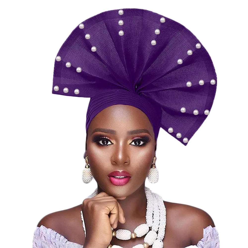 African Headtie With Beads Design Fan Shape Gele Headwrap Nigerian Traditional Wedding Women Cap