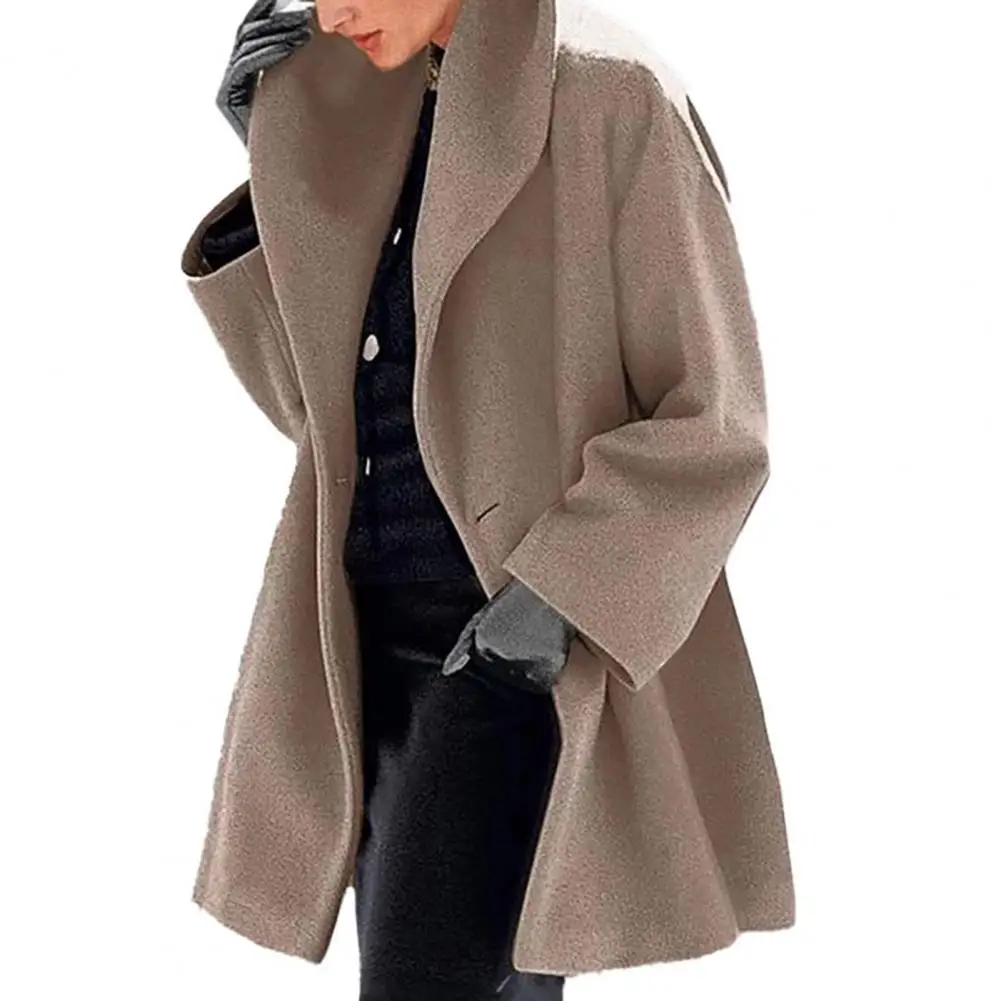 Women Wool Blends Coat Long Cardigan Turn-down Collar Woolen Blends Solid Color Single Button Women Blends Jacket Top Overcoat