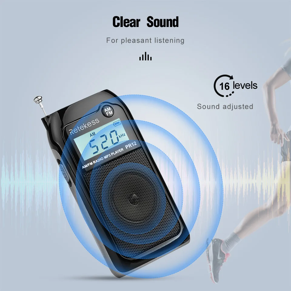 RETEKESS PR12 Radio FM AM Mini-Taschenradio MP3 Tragbarer Empfänger mit hintergrundbeleuchtetem Display, digitaler Stereo-Unterstützung und TF-Kartenfunktion für Senioren – Detail 7