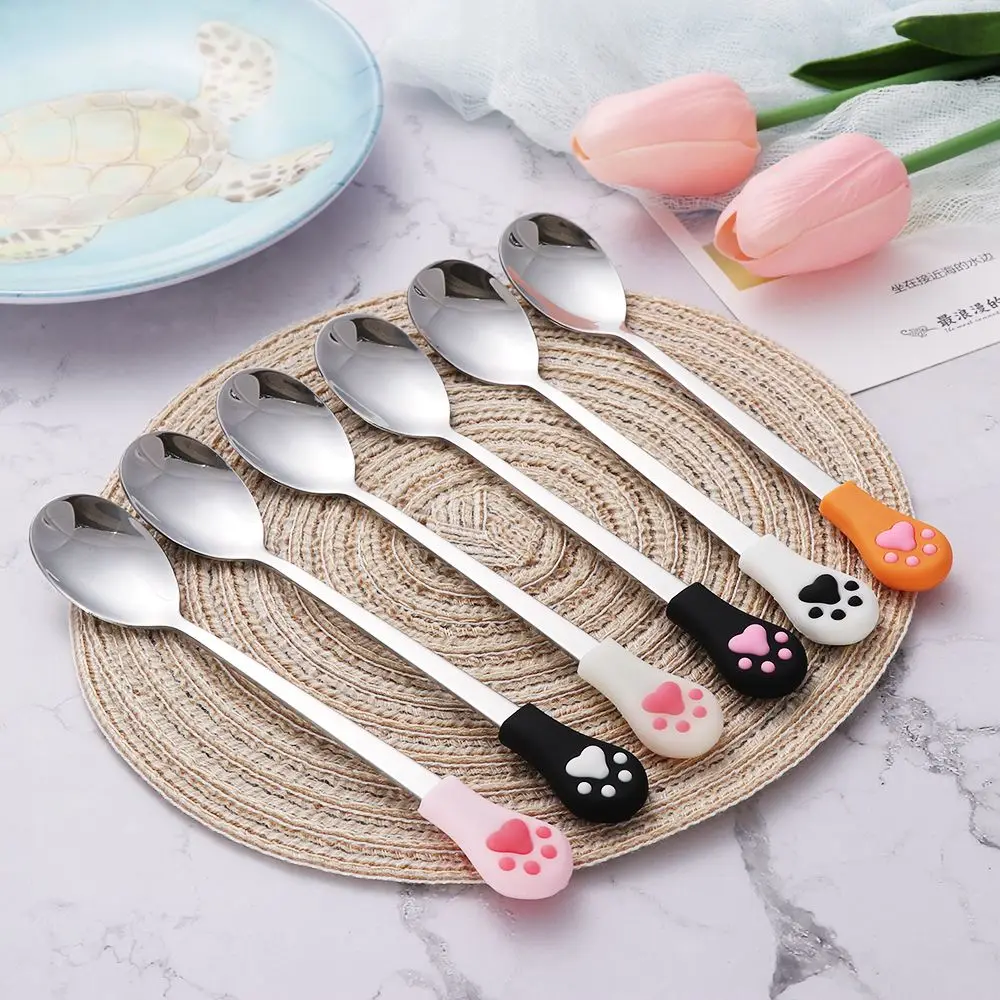 Cute Cartoon Cat Claw Spoon para crianças, aço inoxidável, café, chá, frutas, sobremesa, doces, bebida, agitação, talheres