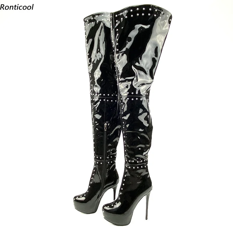 

Ronticool Women Platform Thigh Boots Patent Leather Studs Stiletto Heels Round Toe Black Night Club Shoes Women Us Size 5-20