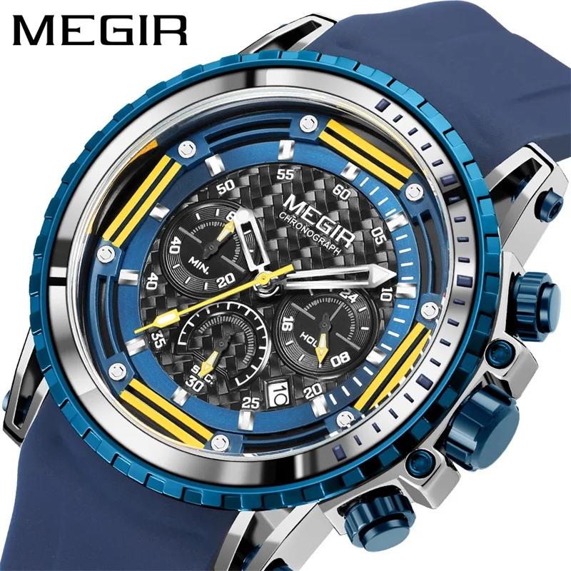 

Trend Design New Blue Silicone Band MEGIR Men's Watches Luminous Chronograph Sports Watch Waterproof Quartz Wristwatches