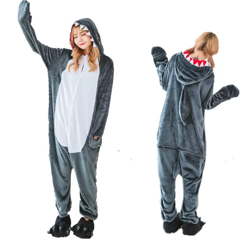 HKSNG New Animal Adult Grey Shark Onesie Pajama High Quality Flannel Family Party Costumes Jumpsuits Kigurumi