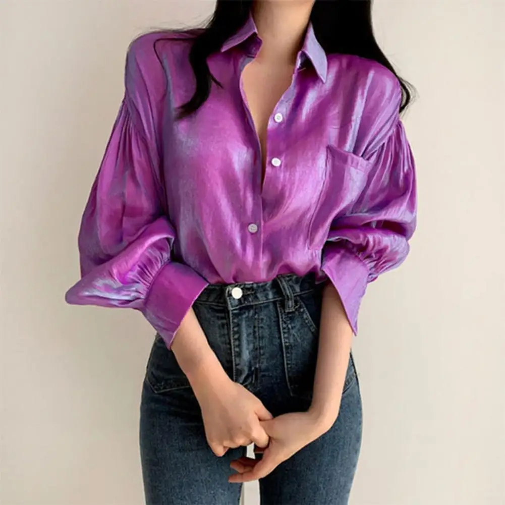 Loose Lady Shirt Patchwork Solid Color Turn-down Collar Women Blouse for Going Out