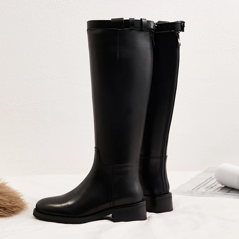 HOT sale Women knee-high boots Natural Leather Boots plus size 22-26.5cm Widened boot women's long boots Motorcycle boots