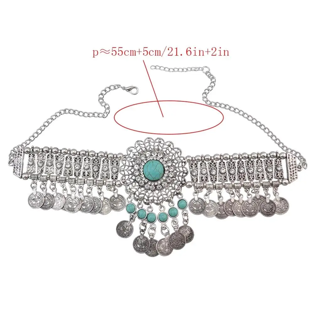 Bohemian Turquoise Vintage Silvery Coin Tassel Necklace For Women Gypsy Rhinestone Flower Chain Choker Collar Fashion Jewerly