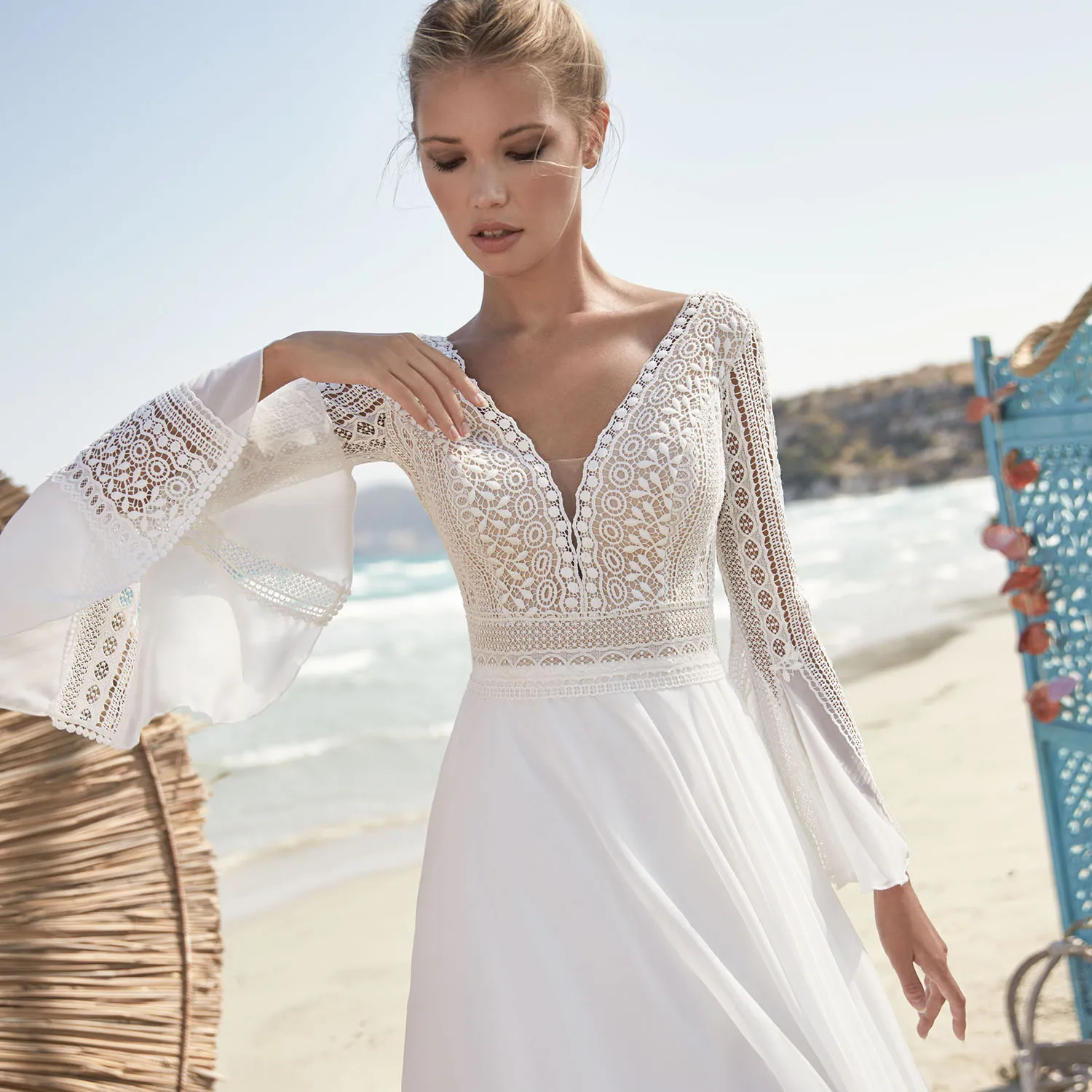 Linia szyfonowa V Neck suknie ślubne długie rękawy poszerzane plaża Boho Backless Plus rozmiar koronkowa suknia ślubna Elopement darmowa wysyłka