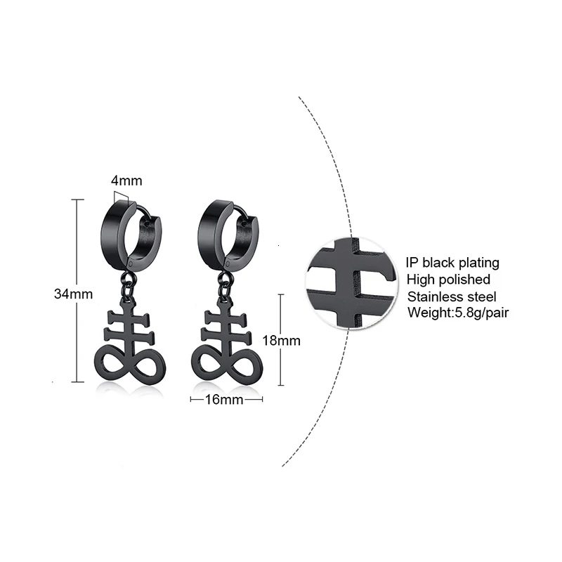 BRIMSTONE SATANIC CROSS EARRING FOR MEN CHURCH OF SATAN SATANIC STAINLESS STEEL EARRINGS UNISEX JEWELRY