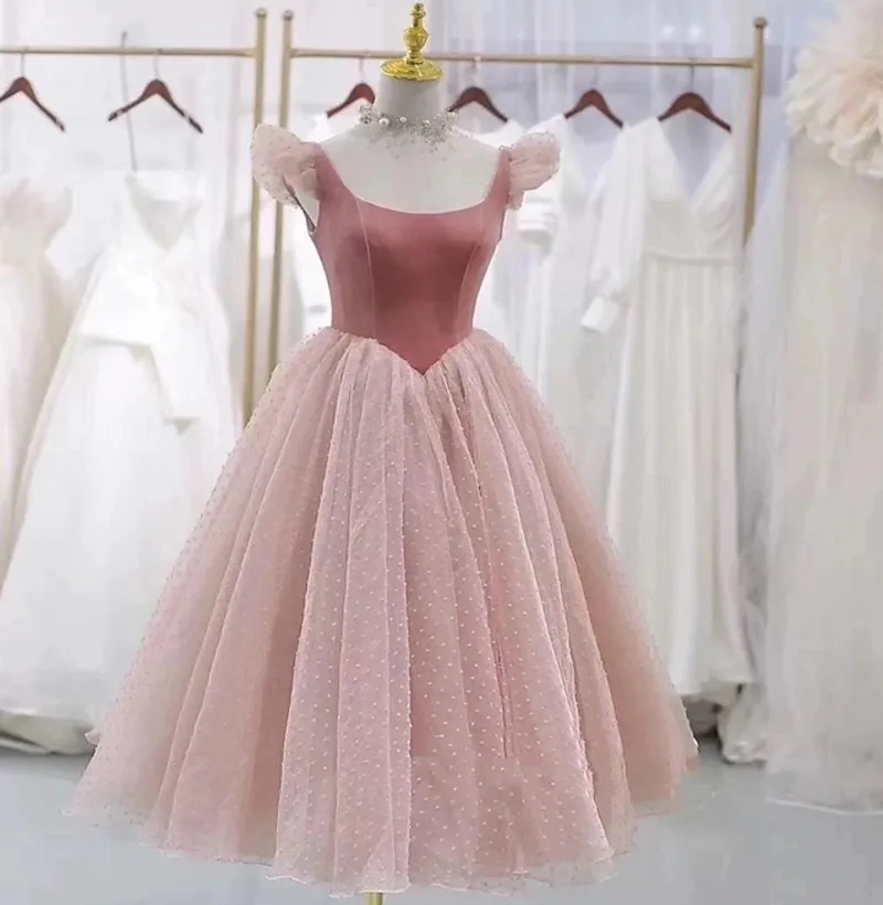 

2024 Vintage Bean Pink Short Prom Dress Scoop Neck Cap Sleeve Tea Length Lace Evening Formal Party Gown Robe De Soiree