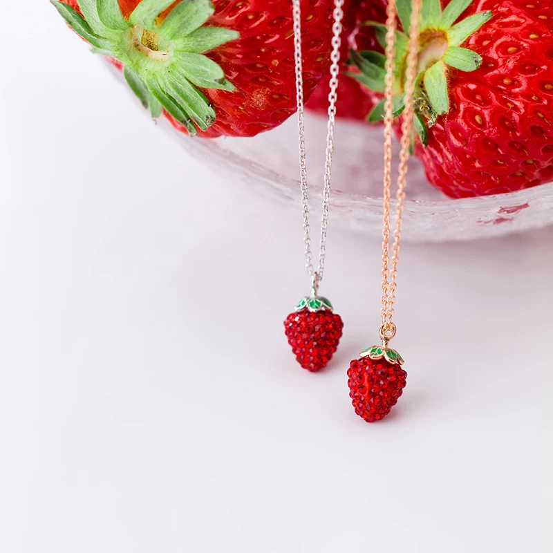 Modian Genuine 925 Sterling Silver Fashion 3D Strawberry Pendant Necklace for Women Crystal Chain Link Necklaces Fine Jewelry