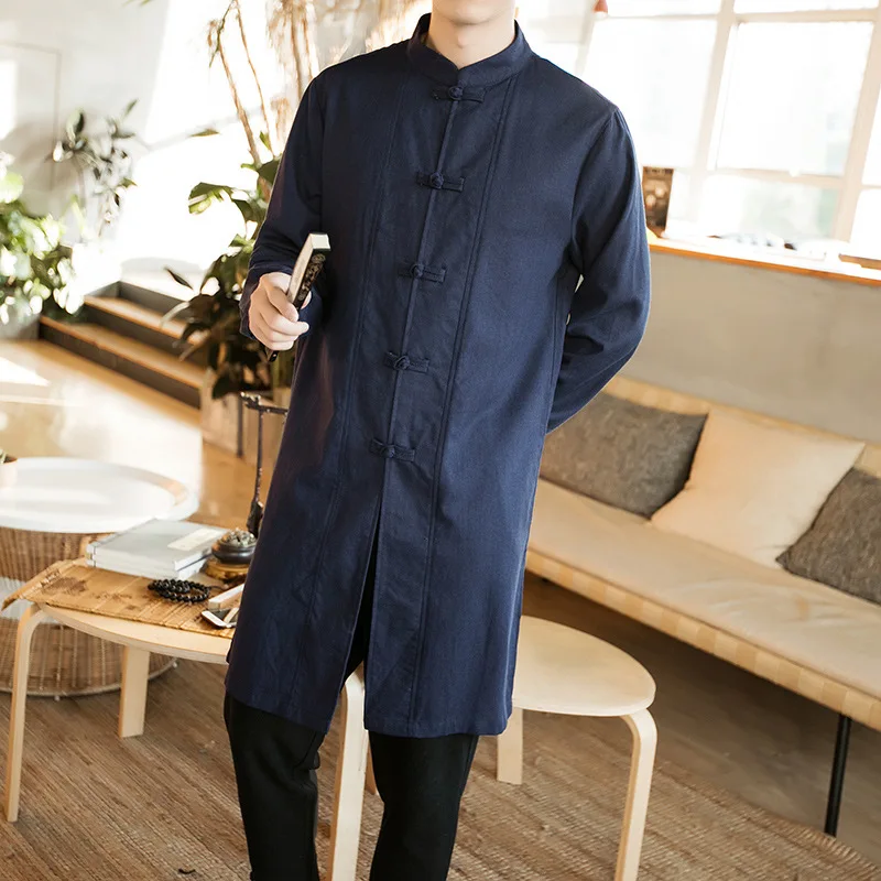 Traditional Chinese Clothing For Men Male Overcoat Outerwear Oriental Robe Trench Coat Men Cotton Linen Long Shirts Tops CN-120