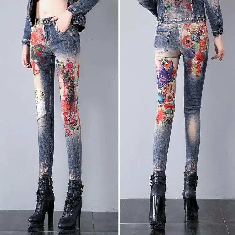 

2023 New Spring Autumn Female Personality Panelled Pattern Denim Trouser Lady Softener Washed Streetwear Jeans Pencil Pants N104