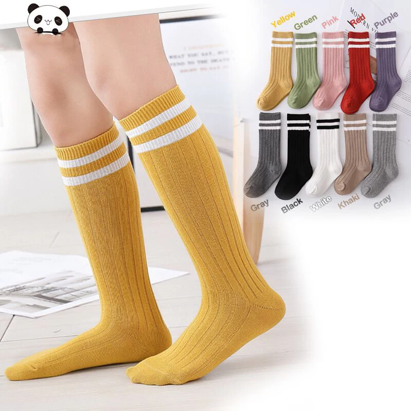 1-9 Years Baby Girls Socks Knee High Boys Sports Sock Cotton Long Stripes Children Socks Breathable Kids School Sock Candy Color