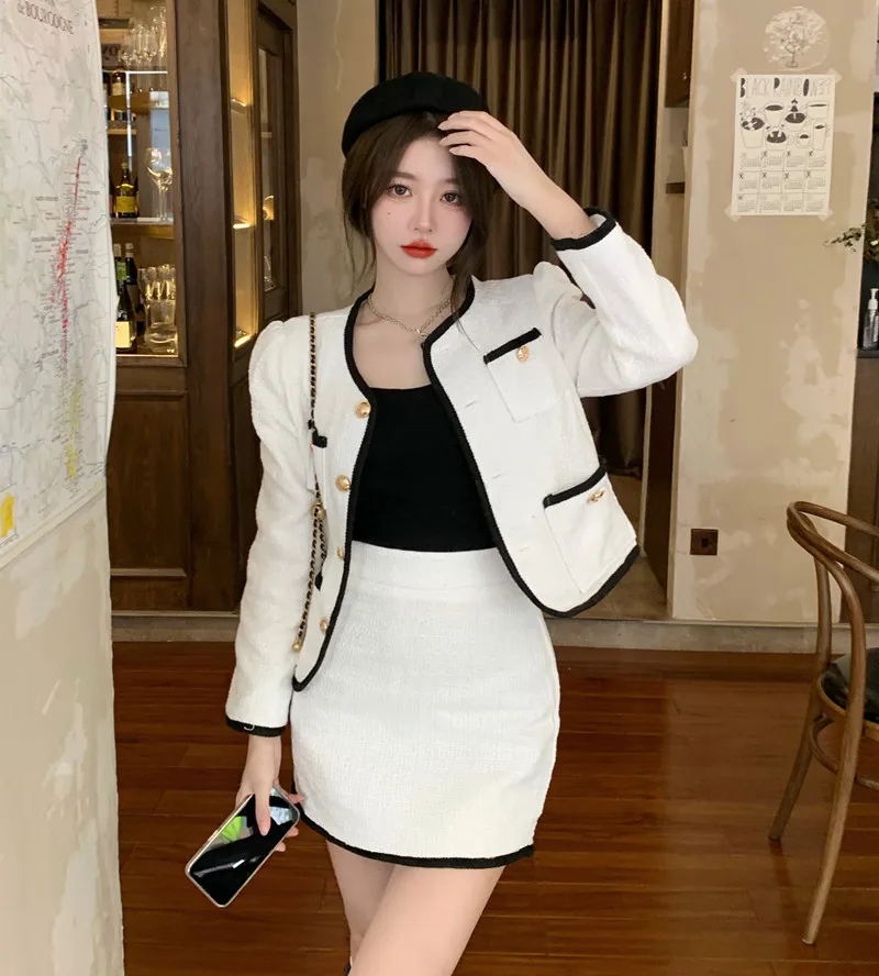 

Vintage Autumn Winter Women 2 Piece Sets Lady Fashion Elegant Long Sleeve Pocket Tweed Coat + High Waist Mini Bodycon Skirt Suit